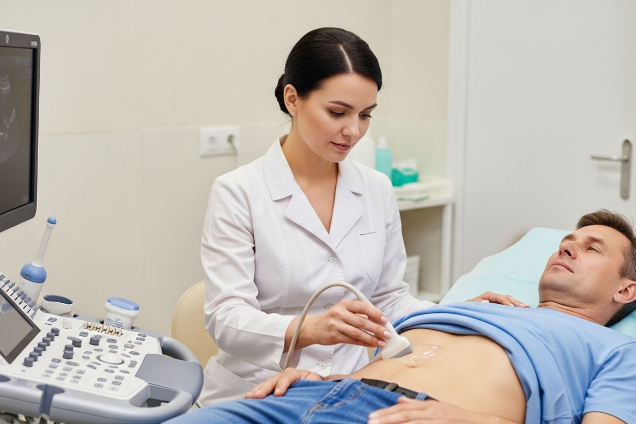 Диагностика брюшной полости Врач проводит процедуру УЗИ для пациента